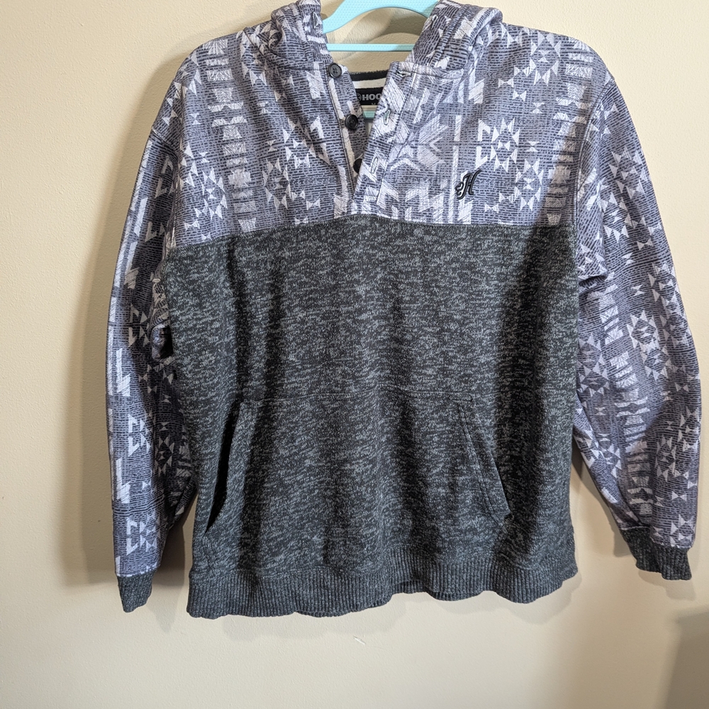 Hooey Aztec Print Pullover Hoodie Medium Gray Southwestern Sweatshirt